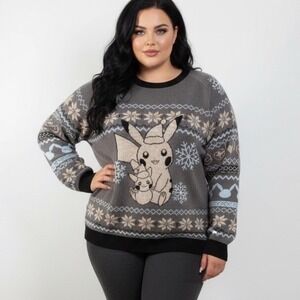 Pokemon Pikachu Pichu Holiday Sweater Grey Plus Size  Pullovers Size 2X